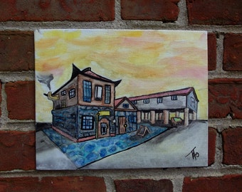 Asian Steampunk Market, Architectural Watercolor 10 x 8 inch Panel