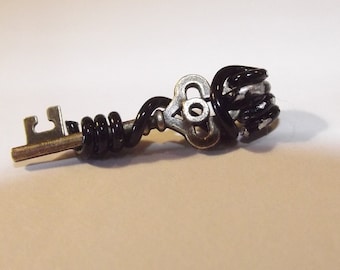 Small Wire-Wrapped Key Pendant, Brass and Black Wire, Steampunk Found Art, Recycled Jewelry