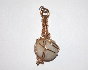 Small Wire-Wrapped River Stone Pendant, White and Gold