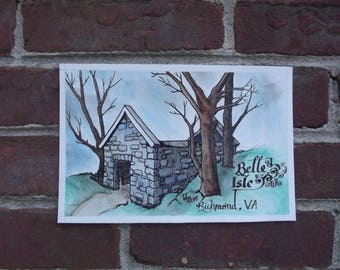 Belle Isle Storage Ruins, Original 6 × 9 inch watercolor and ink painting