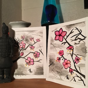 Asian Blossoms Watercolor Paintings, Set of Two 4.5 x 6 inch paintings, REDUCED PRICE!