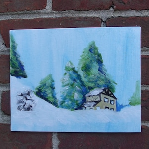 Snow and Evergreen Trees Winter Holiday Painting, ORIGINAL acrylic on 10 × 8 inch canvas panel, Original painting