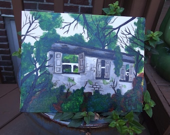 Ruins of Chernobyl House, Abandoned Home, Original 10 × 8 inch acrylic and ink on canvas panel painting