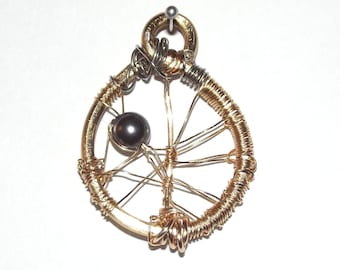 Gold Copper Wire-Wrapped Steampunk Pendant