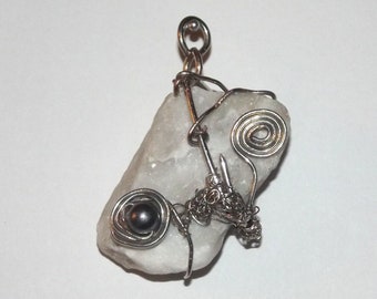 Wire-Wrapped Quartz and Pearl Pendant