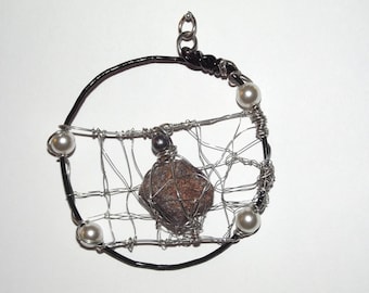 Natural Stone Pendant in Copper Wire Web