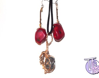 Wire-Wrapped Red Glass Jewelry Set, with Necklace