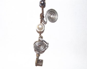 Wire Wrapped Spiral Key Pendant, Whimsical Steampunk Pendant, Antique Key, Wire Wrapped Jewelry, Brass and Bronze Pendant