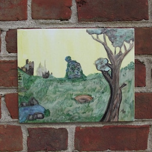 Apocalyptic Soldier Sculpture Head, 10 x 8 inch canvas panel, Original watercolor painting
