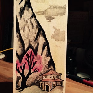 Traditional Chinese Cherry Tree and House Painting, Original 4 × 9 inch ink and watercolor painting