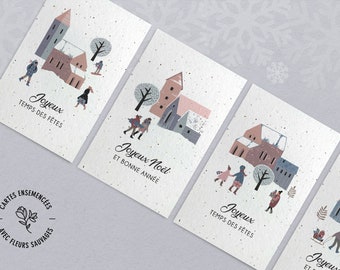 Village | Cartes de Noël à semer | Cartes de Noël à planter | Lot de 4 petites cartes de Noël | Papier ensemencé de fleurs sauvages