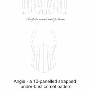 Puede incluir: Un dibujo de línea de un patrón de corsé debajo del busto de 12 paneles. El patrón es para las tallas UK 10-22 (US 6-18). El texto "Corsets by Caroline" y "Bespoke corsets and patterns" también está incluido en la imagen.