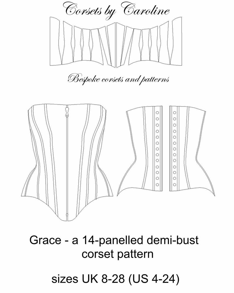 Patrón de corsé Grace: un moderno patrón de corsé sobre el busto de 14 paneles, talla Reino Unido 8-28, EE. UU. 4-24 cintura 22-42'' imagen 1