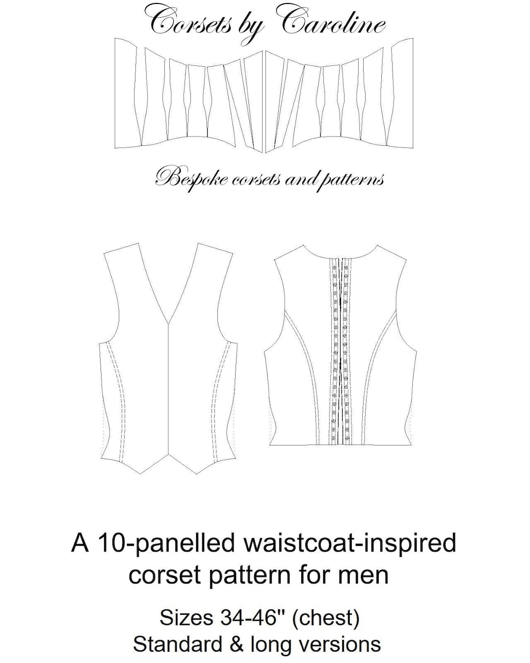 男性用コルセットベスト（ウエストコート）の型紙 - サイズ 34-48