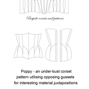 May include: Line drawing of a corset pattern with instructions for an under-bust corset. The pattern is for sizes UK 8-20 (US 4-16).