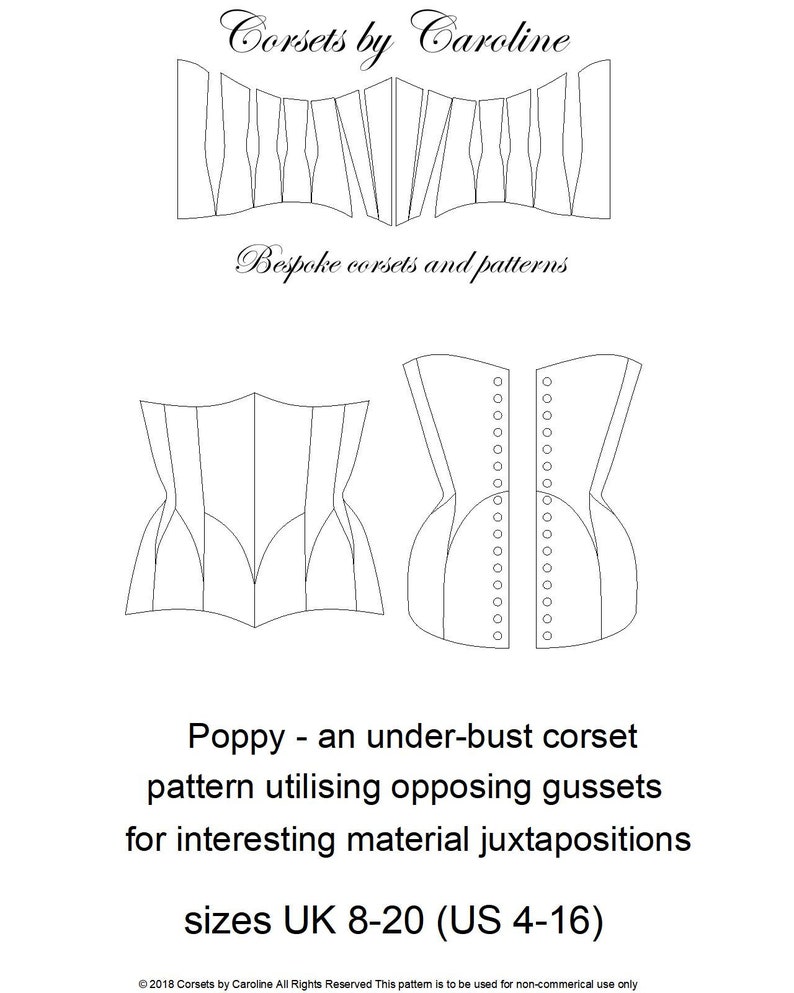 May include: Line drawing of a corset pattern with instructions for an under-bust corset. The pattern is for sizes UK 8-20 (US 4-16).