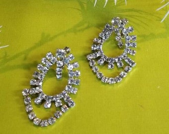 Vintage Runway Rhinestone Clip On Earrings, Silver Tone Dangle