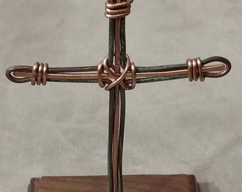 Copper Cross Display, CLEARANCE, Recycled Copper and Wood, Hand Formed, Patina Copper, Copper Wire Cross, Hand Formed, Home Decor, Faith