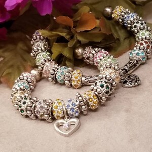 Mother & Child Bracelets, Matching Bracelets, European Cuff Bracelets, Silver Cuffs, Rhinestone Bead Charm Bracelets, Wedding, Mother&#39;s Day