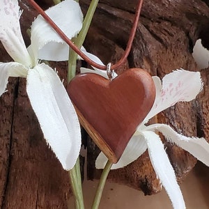 EXOTIC Wood Padauk Heart Necklace, Hand Carved, Renaissance Wax, Two Sided Grain, Cord, Leather Chain, One Of A Kind Ladies Piece, Necklace