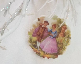 Vintage Limoges Brooch, Painted Courting Scene, Scalloped Edge, 1940s