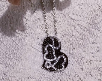 EXQUISITE "Heart" Necklace, Sterling Silver, Black and Clear Cubic Zirconia's, Sterling Silver Rope Chain, Stamped, Sterling Heart Pendant