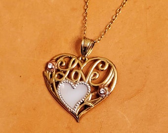 Gold Plated Sterling Silver Heart Necklace, Mother of Pearl, Filigree 'Love' Inscription