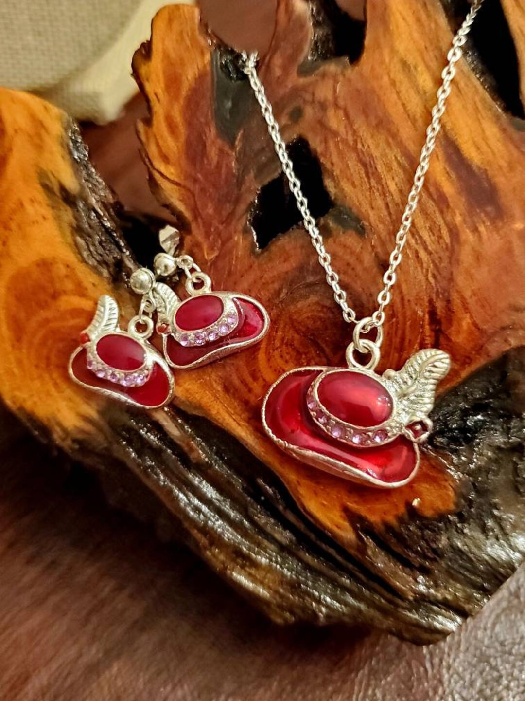 RED HAT Necklace and Earrings, Costume, Red Enamel 