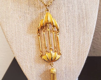 Birdcage Tassel Necklace, Gold Tone, Vintage, Long Chain Necklace With Tassel, Mint Condition, Gold Finish Necklace, Birdcage Pattern