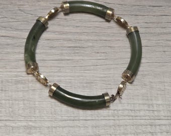 Dark Green Jade Link Bracelet, Gold Finish, Coin Motif Accents, Vintage Jade
