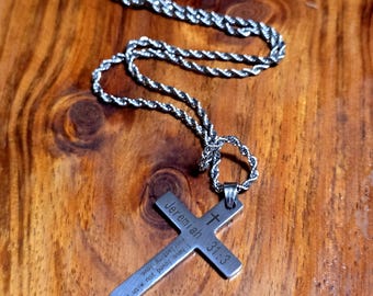 Stainless Cross, Necklace, Jeremiah 31:3 I Have Loved You With An Everlasting Love, Christian Based, Biker Jewelry, Well Made