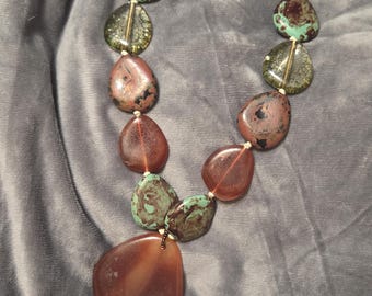 Large Beaded Necklace, Browns and Turquoise, Statement, Acrylic