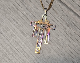 Stainless Jesus Cross Necklace, Robe Design, Flame Painted Cross Necklace, Cutout Jesus, Statement Piece, Gold Filled Vintage Chain 1/20th