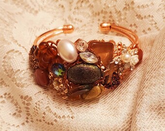 Rose Gold Bracelet, Cuff Bracelet, Vintage Pieces, Adorned Cuff, Rose, Ornate Base, Crystals, Cabachons, Vintage Cuff Bracelet, Embellished