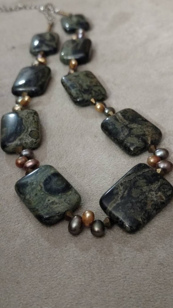 Stone Beaded Necklace, Fresh Water Pearls, Beaded Stone Necklace, Chic Style Beaded Necklace, Vintage Rectangle Beaded Stone Necklace