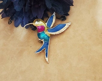 Large Hummingbird Brooch, Gold Tone, Enamel Colored, Brooch, Vintage, Excellent Condition, Gold Finish Enamel Brooch, Blue, Green, Pink