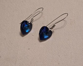 Sapphire Crystal Earrings, Heart Shape, Blue Stones, Faceted Crystal Heart Earrings, Long Silver Wires, Rhinestone Accents, Formal Wear