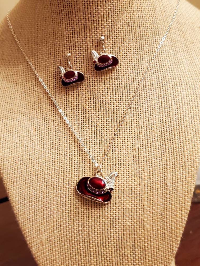 RED HAT Necklace and Earrings, Costume, Red Enamel  display picture 2