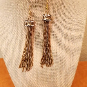 Tassel Earrings, Dangle, Ear Wires, Chain Earrings, Long Tassels, Gold Tone Earrings, Rhinestone Accents, Ladies Earrings, Ear Wires