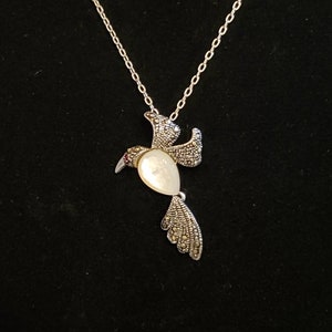 Mother of Pearl Hummingbird Necklace, Sterling Silver Necklace, Adjustable Chain, Sterling, Hummingbird, Marcasite and Mother of Pearl