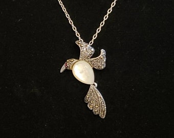 Mother of Pearl Hummingbird Necklace, Sterling Silver Necklace, Adjustable Chain, Sterling, Hummingbird, Marcasite and Mother of Pearl