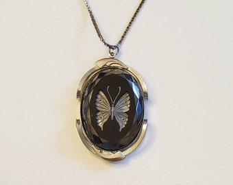 Black Cameo Faceted Pendant, Butterfly Necklace, Faceted Cameo, Mint Condition, Reversed, Carved Butterfly Cut, Vintage, Silver Accent