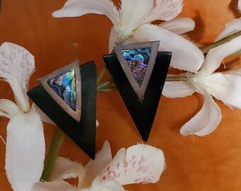 BLACK Wood Abalone Earrings, Post Backs, Stainless Posts, Black Painted Wood, Geometric Shape, Abalone, Silver Accent, Unique, Lightweight