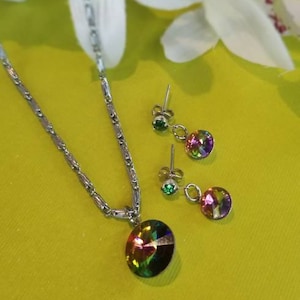 Rivoli Crystal Set, Matching Set, Earrings and Necklace Set, Stainless Steel, Crystal Jewelry Set, Rivoli Crystals, Green Crystal Posts