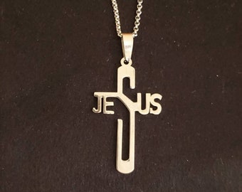 Jesus Biker Cross, Stainless Steel, Unisex, Silver Stainless, Shiny Silver, High Quality Biker Cross Necklace, Stainless Biker Jewelry