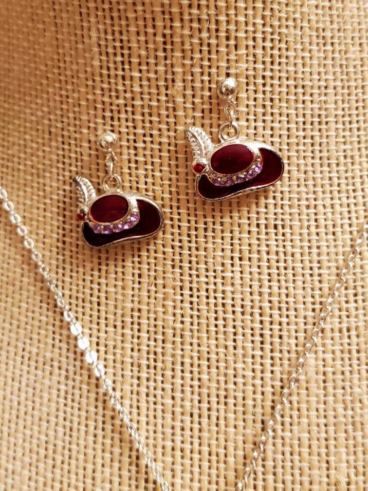 RED HAT Necklace and Earrings, Costume, Red Enamel  display picture 1