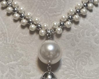 Great Gatsby Pearl Necklace, Tassel Pearl, Silver Accents, Silver Chain, Long, Large Pearl Accent