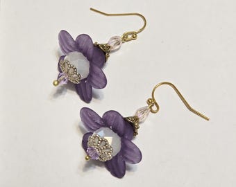 Acrylic Matte Flower Earrings, FREE SHIPPING, Dangle Earrings, Silver and Gold Accents, Crystals, Bead Cap Flower Earrings