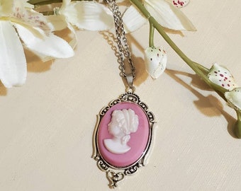 Pink Lady Cameo Necklace  Silver Frame, Ornate Stainless Steel Chain, White and Pink, Lady Cameo, Vintage Cameo, Portrait of Lady, Pink Base