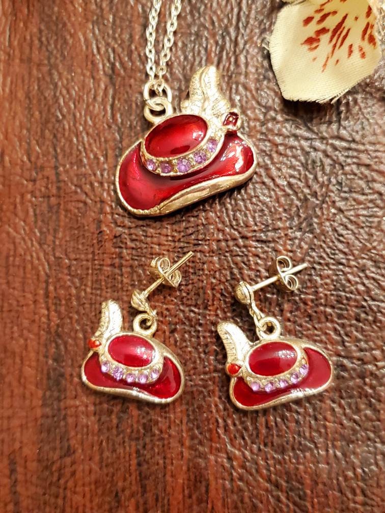 RED HAT Necklace and Earrings, Costume, Red Enamel  display picture 3